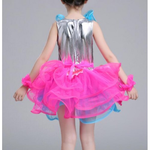 Fuchsia blue turquoise pink silver sequined girls children  modern dance  school stage performance competition chorus jazz singers dance dresses